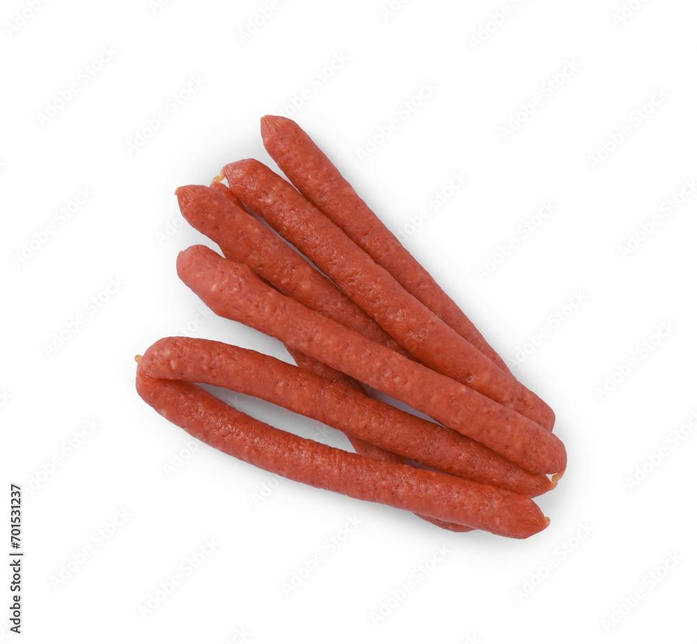 Thin dry smoked sausages isolated on white, top view Thin dry smoked sausages isolated on white, top view