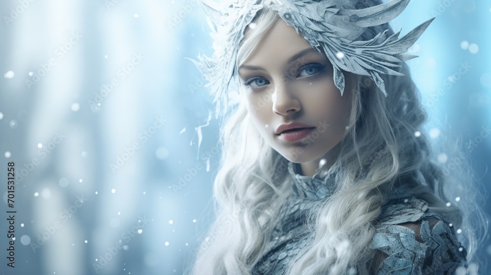 Close up of a model with creative snow fairy make up isolated on snowy background with copy space, fantasy snow elf in winter backdrops, for Halloween party, fantasy fairy tales. Close up of a model with creative snow fairy make up isolated on snowy background with copy space, fantasy snow elf in winter backdrops, for Halloween party, fantasy fairy tales.