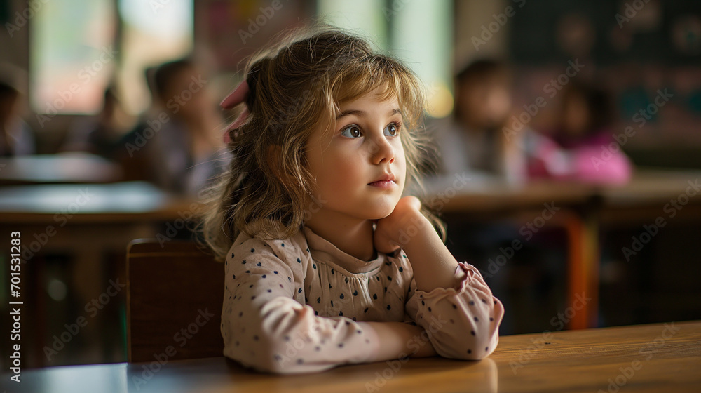 little student girl studying at school, cute little girl sitting at a desk in a classroom at school listening and studying very focus, looking up to the teacher, with copy space. little student girl studying at school, cute little girl sitting at a desk in a classroom at school listening and studying very focus, looking up to the teacher, with copy space.