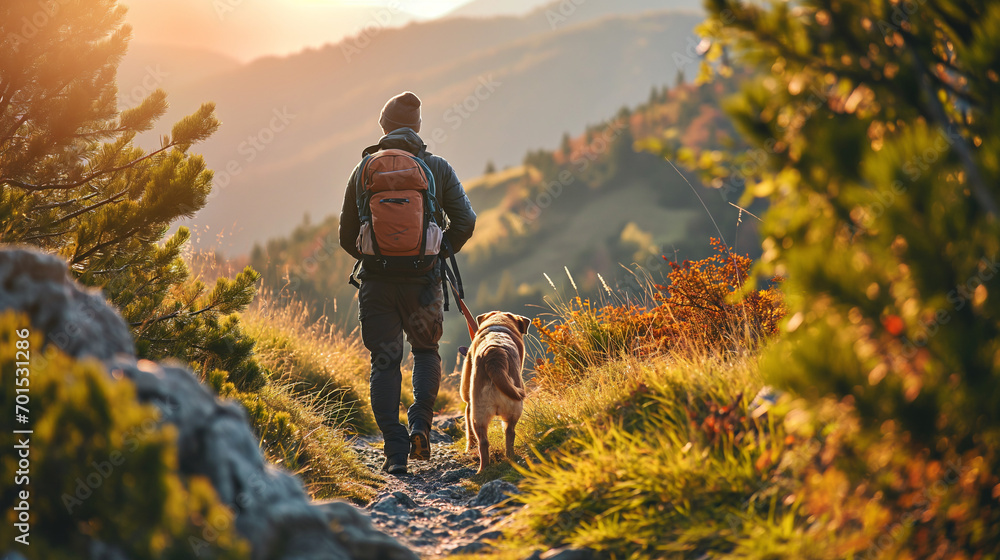 Spring Hike Man A man and a dog hiking in beautiful mountain landscape, man with ...