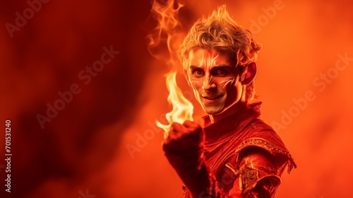Fire fairy with flames and magic isolated on fire fantasy background with copy space, flame elf showing magic power on red, Halloween event, fairy tale party poster card concept.