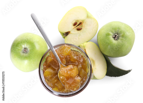 Glass jar of delicious apple jam and fresh fruits isolated on white, top view