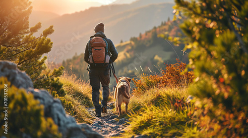 A man and a dog hiking in beautiful mountain landscape, man with tourist backpack hiking on spring wild field together with a dog. The concept of the campaign, hiking , spring traveling and nature. photo