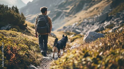 A man and a dog hiking in beautiful mountain landscape, man with tourist backpack hiking on spring wild field together with a dog. The concept of the campaign, hiking , spring traveling and nature.