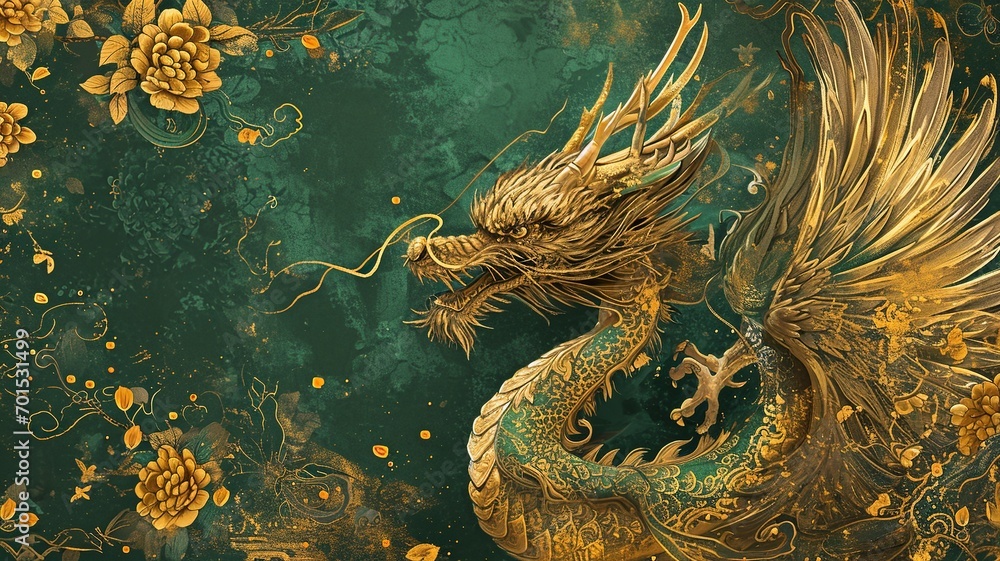 Fototapeta premium Majestic Golden Dragon in Mythical Waters