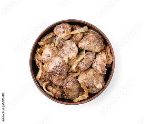 Tasty fried chicken liver with onion in bowl isolated on white, top view