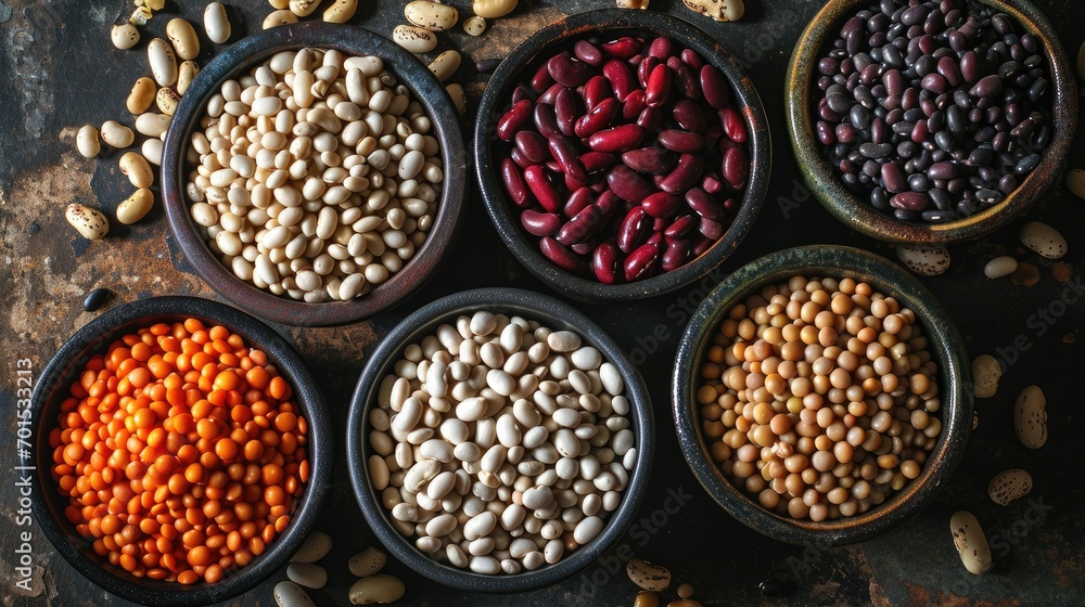 aerial view of various bowls of various beans 