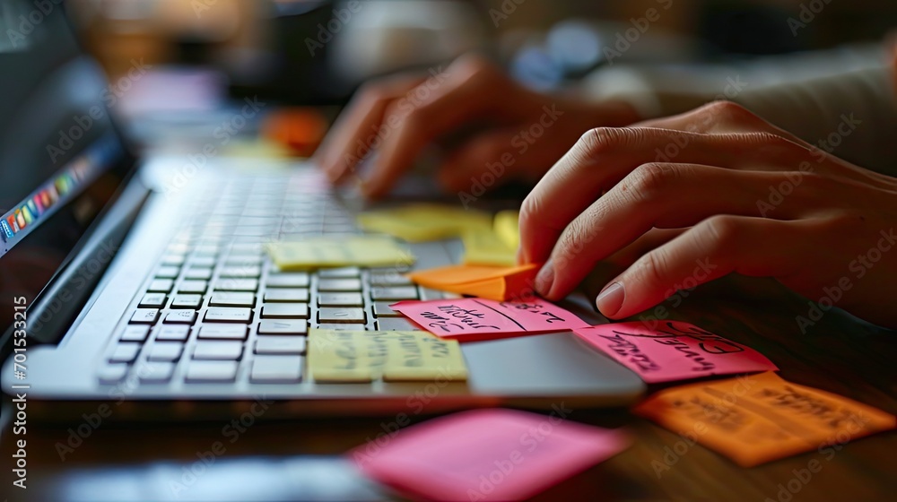 computer keyboard with sticky notes and hands computer keyboard with sticky notes and hands