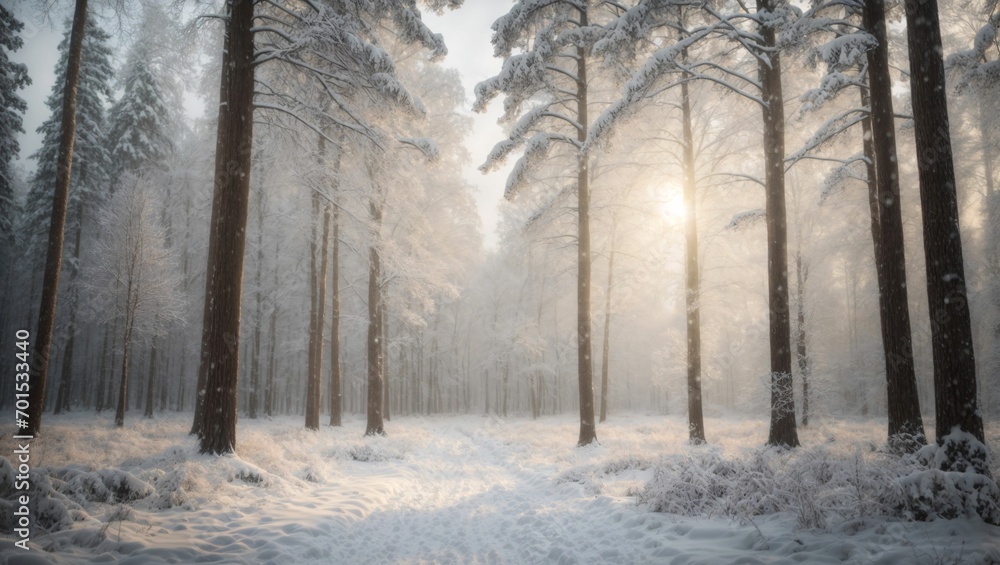 Snow-covered forest, A dense forest with tall, snow-covered trees stretching towards the sky, showcases a serene winter landscape with a light dusting of snow on the ground, generative Ai