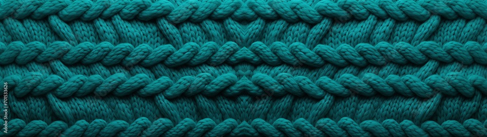 Closeup of knitted turquoise wool or yarn as abstract background banner