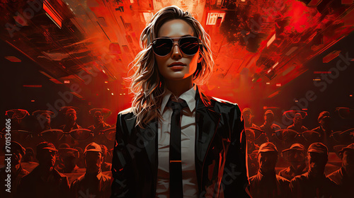 illustration of a woman with blonde long hair wearing sunglasses and dressed in a suit standing in front of a crowd of people