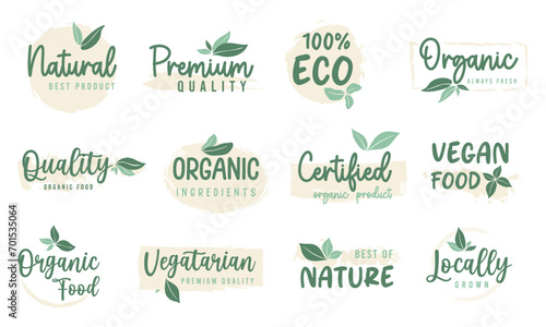Fototapeta Naklejka Na Ścianę i Meble -  Organic food, healthy life and natural product labels and badges for food market, ecommerce, organic products promotion.