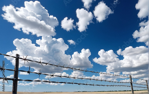 barbed wire against a background of blue sky with clouds