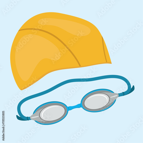 Swimming cap and goggles vector illustration. Swim equipment graphic in flat style design.