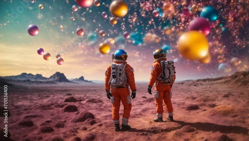 Explore the vibrant and surreal world of a colorful bubbles galaxy, where an astronaut stands in awe of the alien landscape before them. generative Ai