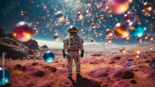 Explore the vibrant and surreal world of a colorful bubbles galaxy, where an astronaut stands in awe of the alien landscape before them. generative Ai