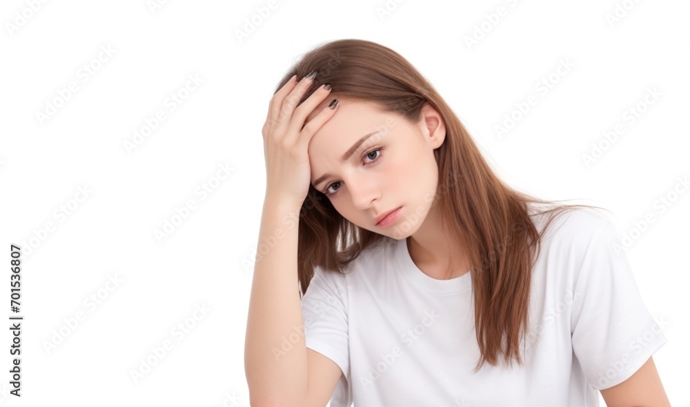 Young sad sick tired exhausted Caucasian woman wear white blank t-shirt casual clothes put hand on forehead look camera isolated on plain black background studio portrait from AI Generative Young sad sick tired exhausted Caucasian woman wear white blank t-shirt casual clothes put hand on forehead look camera isolated on plain black background studio portrait from AI Generative