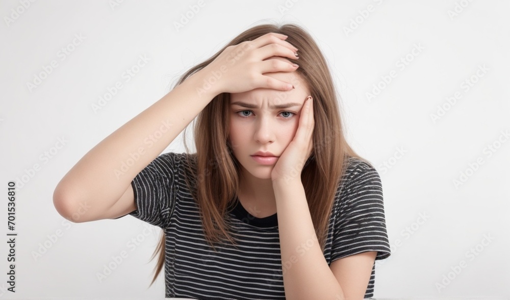 Young sad sick tired exhausted Caucasian woman wear black blank t-shirt casual clothes put hand on forehead look camera isolated on plain black background studio portrait from AI Generative Young sad sick tired exhausted Caucasian woman wear black blank t-shirt casual clothes put hand on forehead look camera isolated on plain black background studio portrait from AI Generative