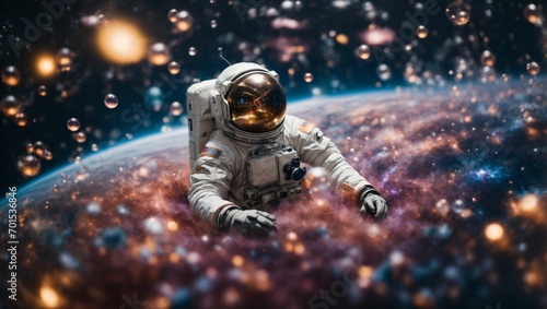 An astronaut floats among the ethereal bubbles of a distant galaxy, creating a stunning painting that captures the essence of this otherworldly realm. 
generative Ai