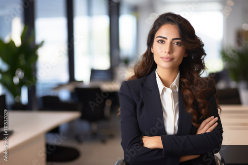 Great portrait of a business latin woman. Copy space. The office background.