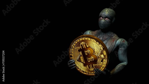crypto man with bitcoin coin, hacker and fraudster, scammer, concept, 3d render