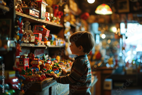 child boy smiling in aisle of toy store photo