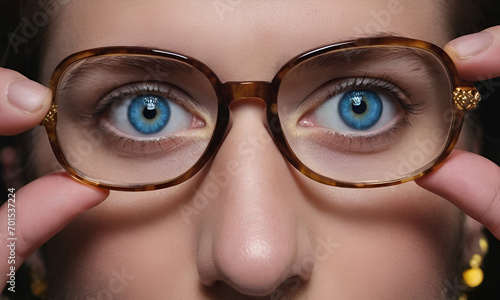 A person holding up a pair of glasses with yellow and blue eyes