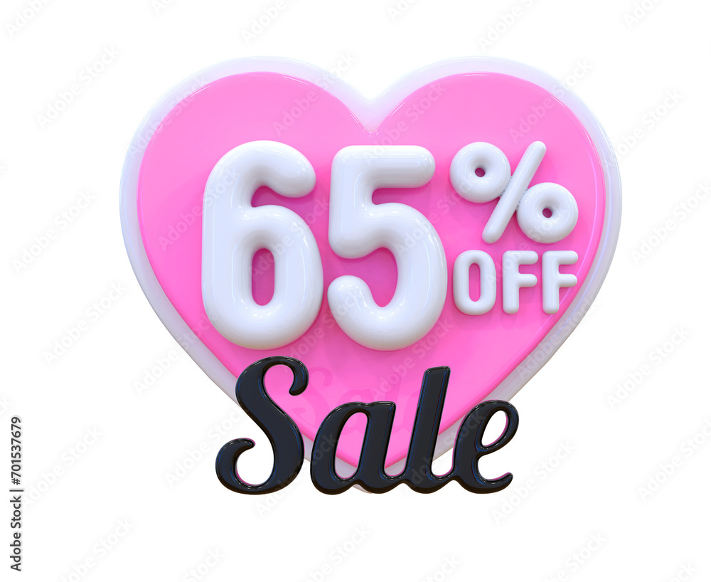 65 Percent Off Sale label on heart 3D