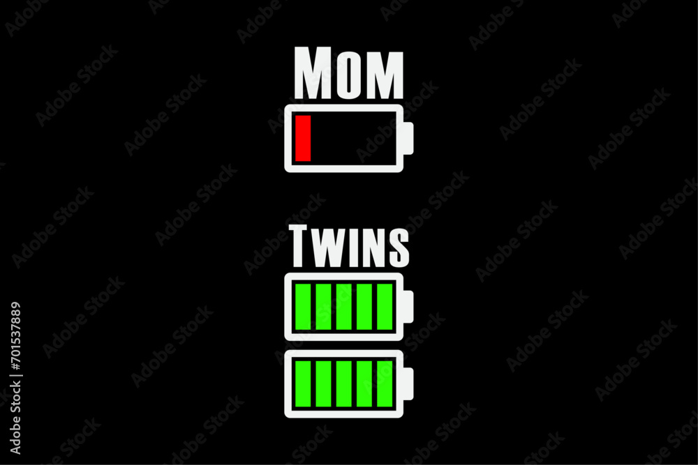 Tired Twin Mom Low Battery Charge T-Shirt Design