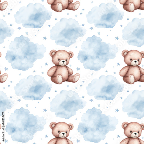 Cute little teddy bear with blue clouds and stars, seamless pattern