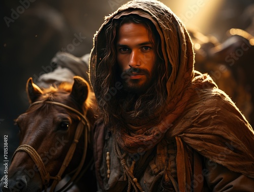 A bearded and long-haired Middle Eastern man wearing a headscarf in the desert