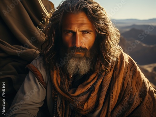 A bearded and long-haired Middle Eastern man wearing a headscarf in the desert