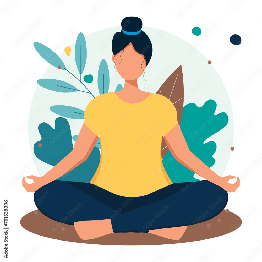 Sports and recreation. A girl meditates against the backdrop of nature. Conceptual illustration for healthy lifestyle, yoga, meditation, relaxation. Vector illustration in flat style.