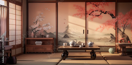 Pictures of a Japanese-style relaxation and guest room with paintings on the walls showing beautiful nature and sunlight in pastel pink tones.