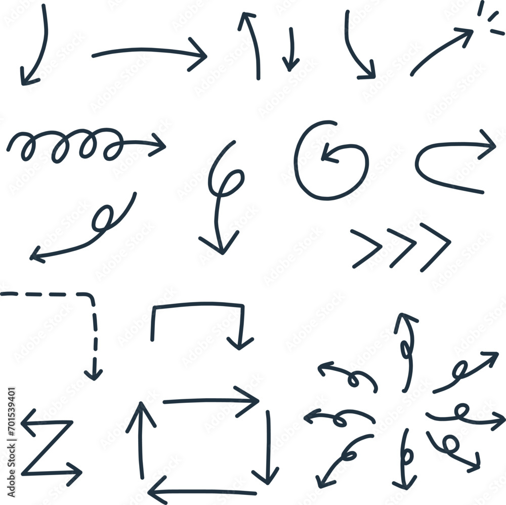 色々な形をした、シンプルな手描きの矢印の線画セット 色々な形をした、シンプルな手描きの矢印の線画セット