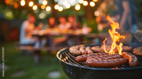 Backyard Barbecue with Friends and Family.  Grilling Hot Dogs and Hamburgers photo