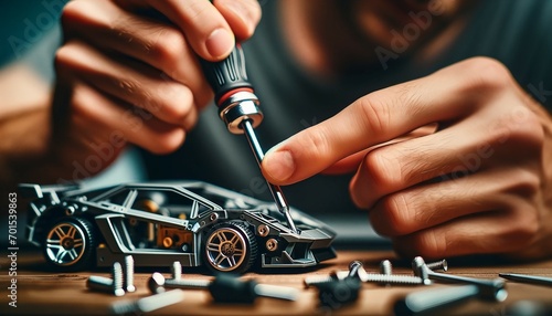 Hands using a precision tool to assemble a miniature car model