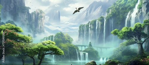 Tropical forest and waterfall painting