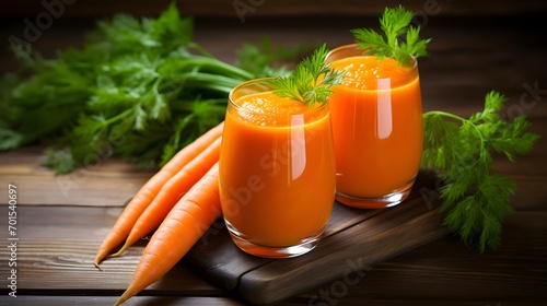 Carrot juice in glasses on wooden counter top.