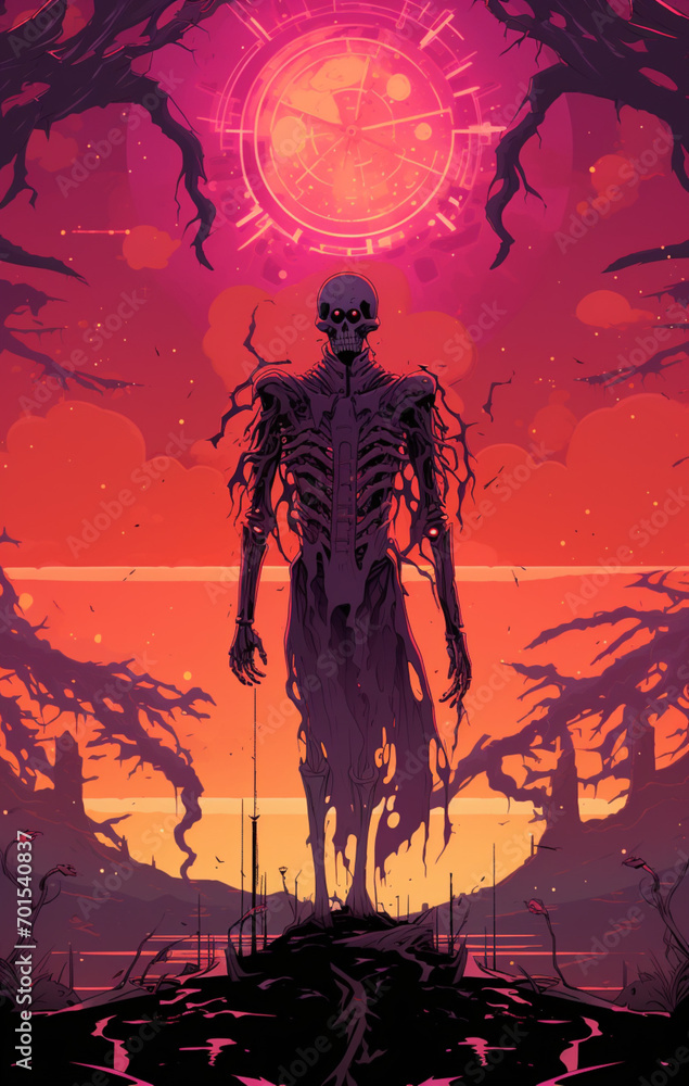 Majestic Skeleton Character Silhouetted Against Stunning Sunset Created using Generative AI Tools
