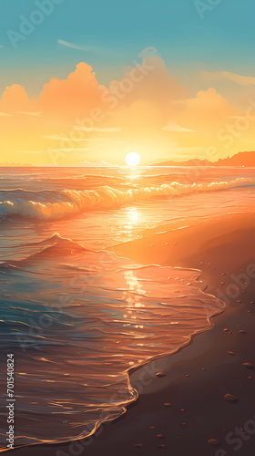 Generative AI, Dawn's Caress: Waves and Sand at Sunrise photo
