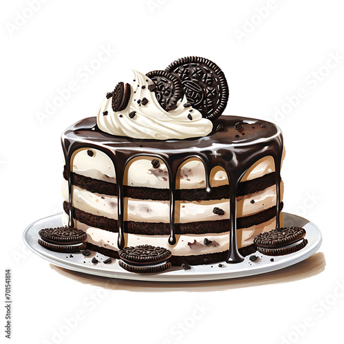 Watercolor Oreo Cake Chocolate Cake With Oreo Cookies Black and White C Clipart Tshirt Transparent Sticker Isolated PNG Illustration 