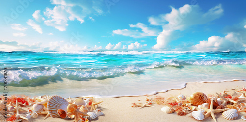Summer photo of beach and shell decoration. tropical beach There is beautiful clean sand. Seashells on the sand overlook the sea and the sky.