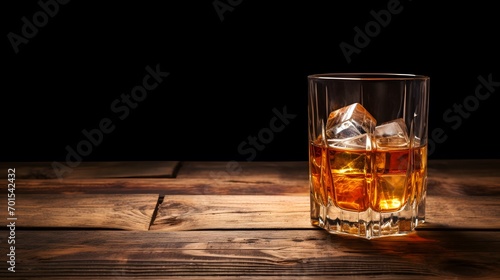 Glass of whiskey with ice cubes served on wooden planks. Vintage countertop with highlight and a glass of hard liquor.