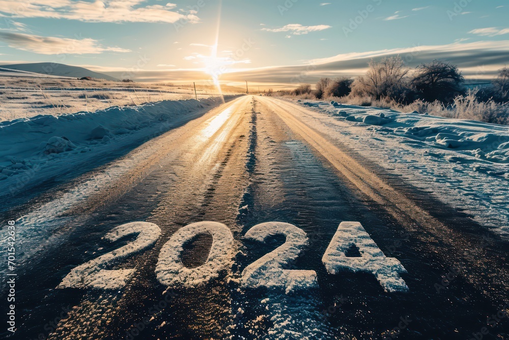 New year big text "2024" or straight forward winter road trip travel and future vision concept,. - obrazy, fototapety, plakaty 