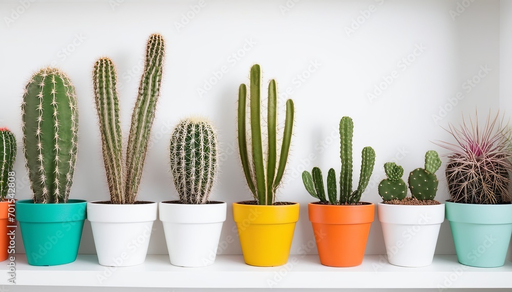 Assortment of Potted Cacti on White Home Shelf Assortment of Potted Cacti on White Home Shelf