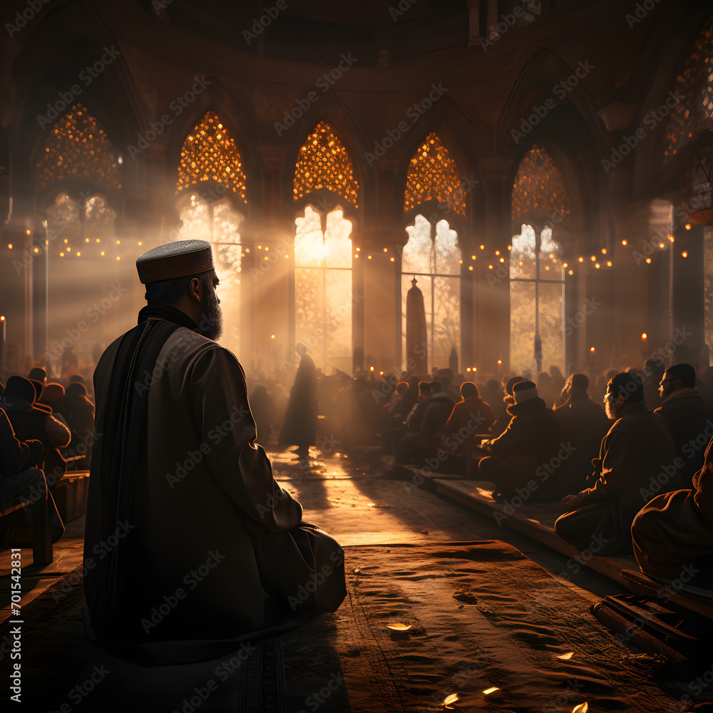 Islamic Imam Conducts a Sermon at the Mosque. Muslim Imam Preaching to the People in the Mosque Islamic Imam Conducts a Sermon at the Mosque. Muslim Imam Preaching to the People in the Mosque