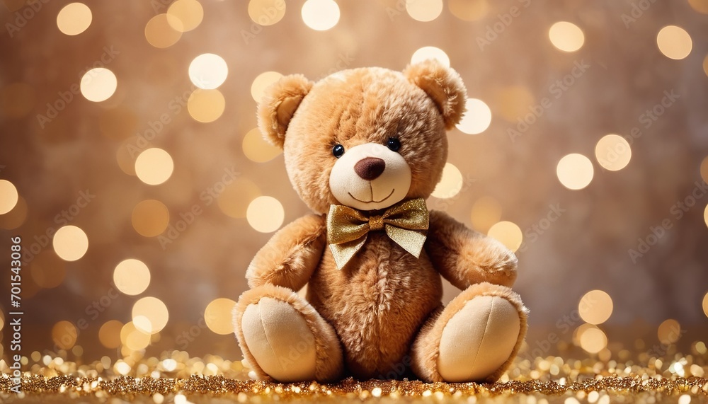 Toy Teddy Bear on Gold Glitter Bokeh Backdrop Toy Teddy Bear on Gold Glitter Bokeh Backdrop