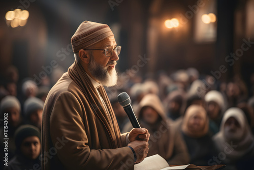 Islamic Imam Conducts a Sermon at the Mosque. Muslim Imam Preaching to the People in the Mosque photo
