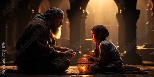 Muslim teacher teaching children at the mosque